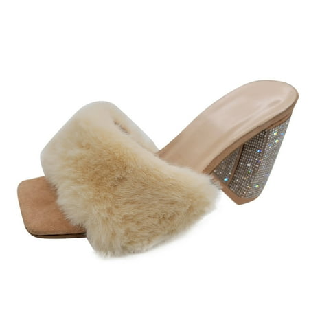 Slippers For Womens Fashion Square Toe Hairy High Heel Sandals And Slippers