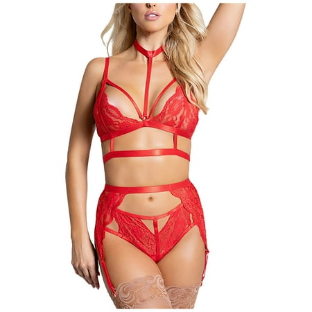 

DORKASM Women s Lace Lingerie Bra and Panty Set Sexy Strappy Push Up Babydoll Bodysuit with Garter Red XL