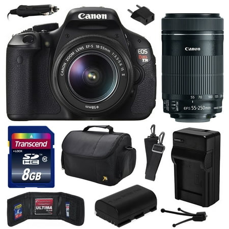Canon EOS Rebel T3i Digital SLR Camera with EF-S 18-55mm f\/3.5-5.6 IS and EF-S 55-250mm f\/4-5.6 IS STM Lens 8GB Memory, Large Case, Extra Battery, Travel Charger, Card Wallet, Cleaning Kit 5169B003 Canon EOS Rebel T3i Digital SLR Camera with EF-S 18-55mm f\/3.5-5.6 IS and EF-S 55-250mm f\/4-5.6 IS STM Lens 8GB Memory, Large Case, Extra Battery, Travel Charger, Card Wallet, Cleaning Kit 5169B003