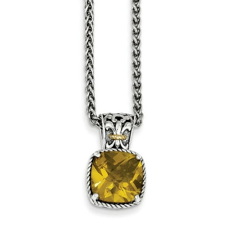 Sterling Silver w/ 14k Yellow Gold Whiskey Quartz Vintage Style Necklace