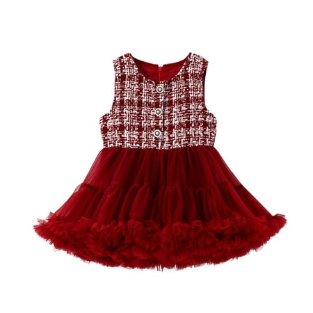 DNDKILG Baby Toddler Girls Tulle Tutu Summer Sundress Plaid Princess Dresses Sleeveless Dress Red 18M-4Y 90
