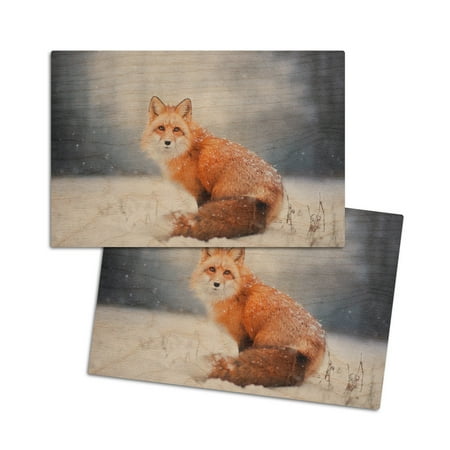 Red Fox Covered in Snow (4x6 Birch Wood Postcards 2-Pack Stationary Rustic Home Wall Decor)