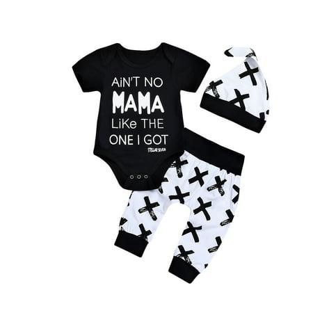 Newborn Baby Girls Boys Short Sleeve Mama Print Romper Jumpsuit Bodysuit+Long Pants+Hat 3Pcs Outfits Set
Newborn Baby Girls Boys Short Sleeve Mama Print Romper Jumpsuit Bodysuit+Long Pants+Hat 3Pcs Outfits Set