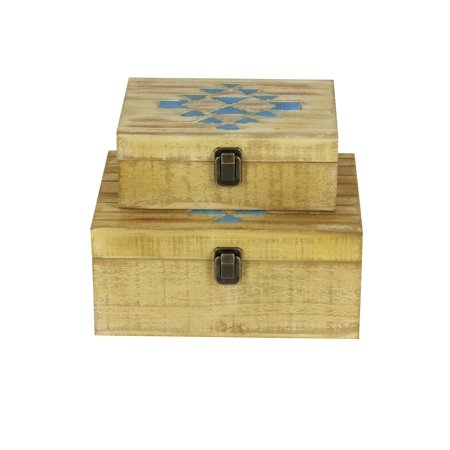 Decmode Set of 2 contemporary 10 and 12 inch rectangular wooden boxes with blue geometrical accents, Brown
