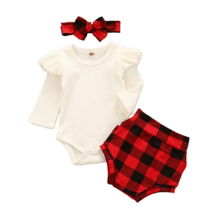 COUTEXYI Newborn Baby Girls 3-piece Outfit Set Long Sleeve Romper+Plaid Shorts+Headband Set
COUTEXYI Newborn Baby Girls 3-piece Outfit Set Long Sleeve Romper+Plaid Shorts+Headband Set