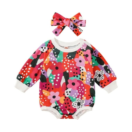 Wassery Baby Girls Autumn Casual Romper Long Sleeve O Neck Floral Romper + Bowknot Headband