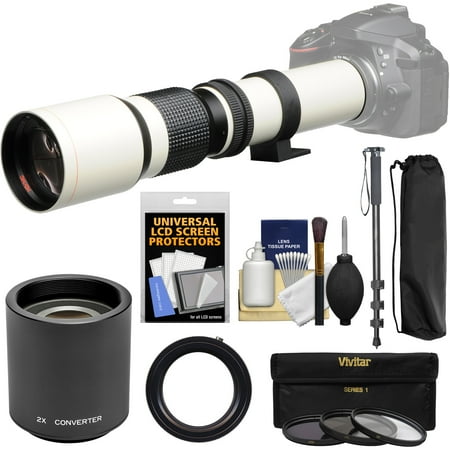 Vivitar 500mm f\/8.0 Telephoto Lens (T Mount) (White) with 2x Teleconverter (=1000mm) + Monopod + 3 Filters Kit for Nikon D3200, D3300, D5300, D5500, D7100, D7200, D610, D750, D810 Camera
