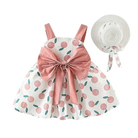 URMAGIC 2PC Baby Grils Large Bow Floral Tube Dress and Hat Outfits 0-3T