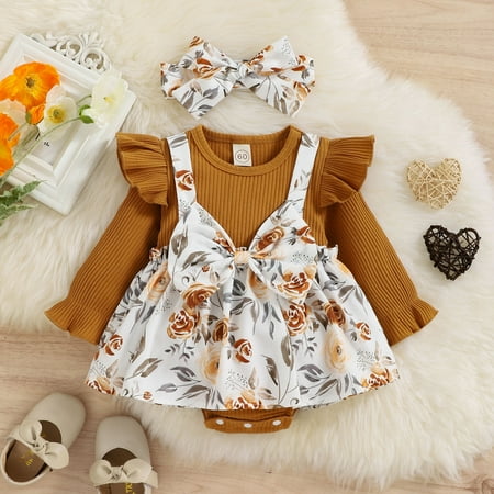 Girls Ruffles Long Sleeve Floral Prints Bowknot Romper Bodysuits Dress Headbands Set