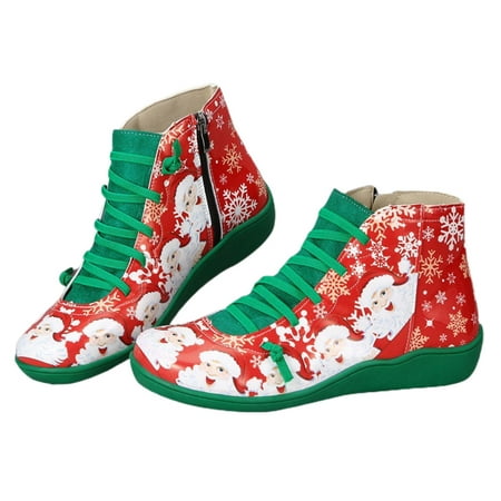 

PU Leather Ankle Boots Vintage Lace Up Women Shoes Santa Claus Printing Zipper for Christmas New
