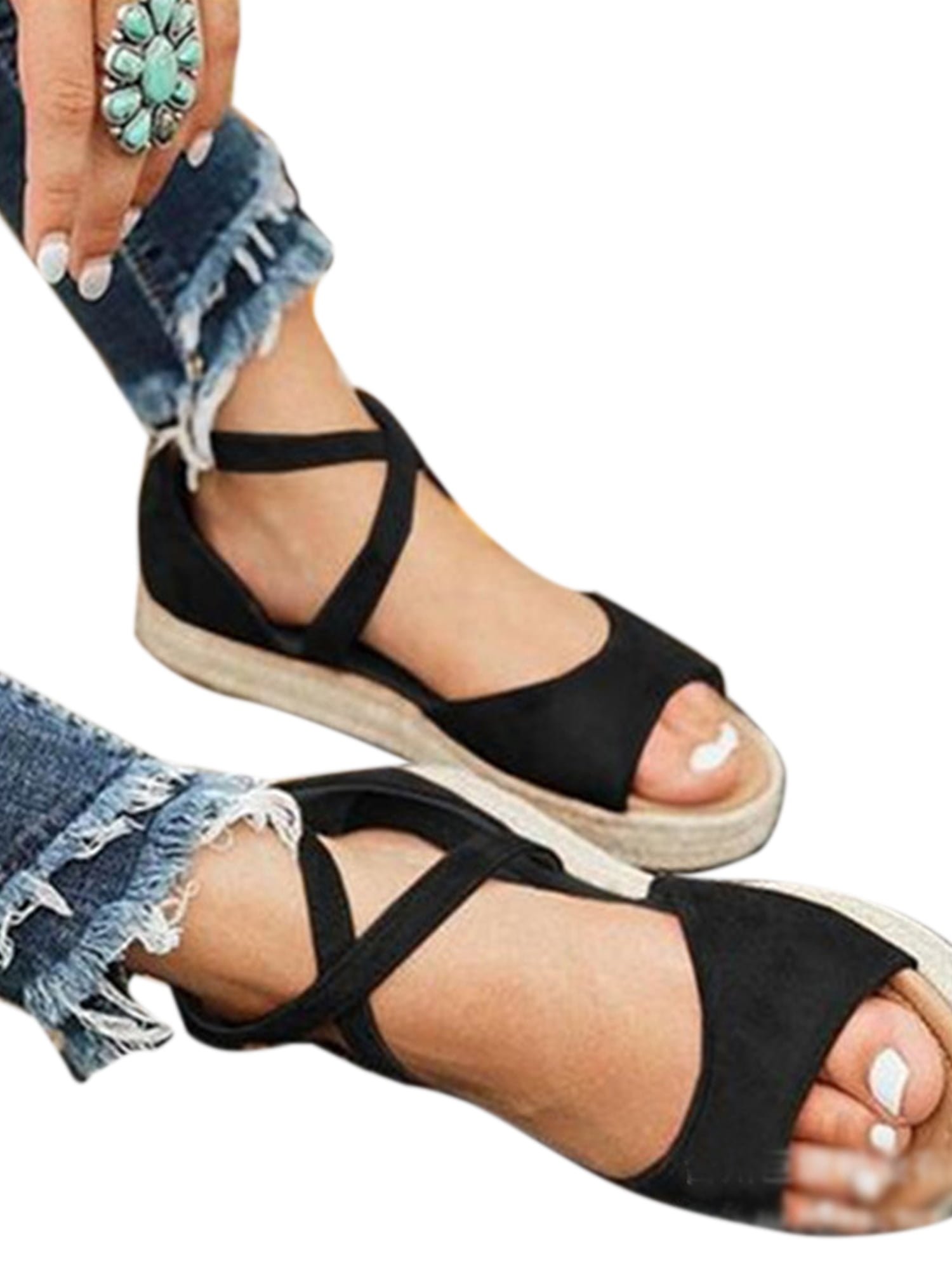 Sandals Womens Platform Pumps Shoes Peep Toe Summer Ankle Strap Flat Sandals Espadrilles