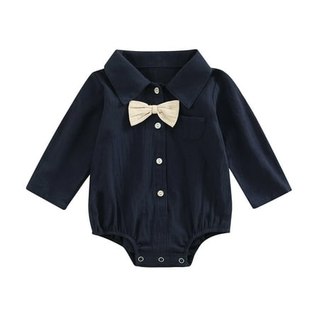 Musuos Baby Boys Long Sleeve Romper Solid Color Lapel Bow Tie Button Down Jumpsuit with Snap Buttons for Infants 0-18 Months
Musuos Baby Boys Long Sleeve Romper Solid Color Lapel Bow Tie Button Down Jumpsuit with Snap Buttons for Infants 0-18 Months