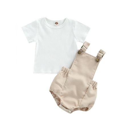 

ZIYIXIN Lovely Baby Girls Boys 2pcs Clothes Solid Short Sleeve T-Shirt Tops + Straps Romper Sets Beige 12-18 Months