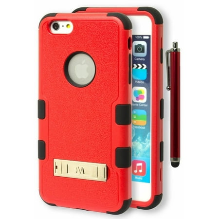 For iPhone 6 Plus 5.5" Hybrid Black Cover with Red Kickstand Hard Case + Stylus