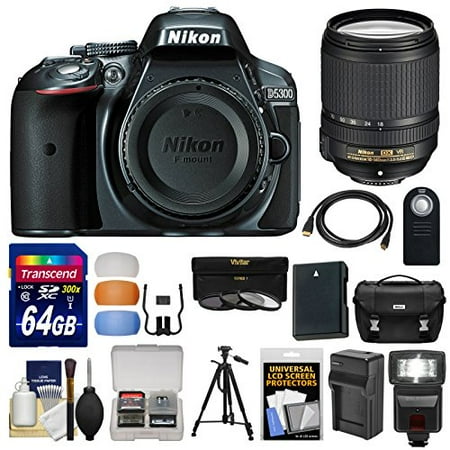 Nikon D5300 Digital SLR Camera Body (Grey) with 18-140mm VR Zoom Lens + 64GB Card + Case + Flash + Battery & Charger + Tripod Kit