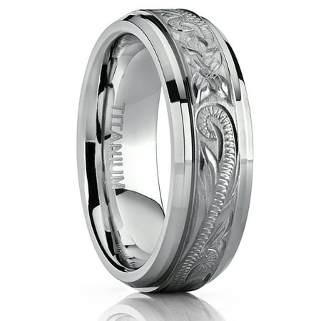 Men's Women's Hand Engraved Titanium Wedding Ring Unisex Band, Comfort Fit 7mm