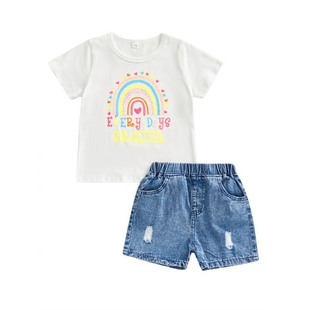 Baby Girls Two Piece Summer Outfits Short Sleeve Rainbow Printing T Shirts and Elastic Waist Denim Shorts
Baby Girls Two Piece Summer Outfits Short Sleeve Rainbow Printing T Shirts and Elastic Waist Denim Shorts