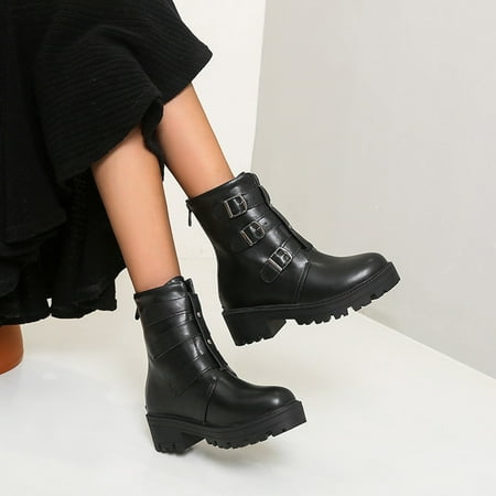 Women Boots Winter Warm Belt Buckle Leather Zipper Heel Ankle Boots