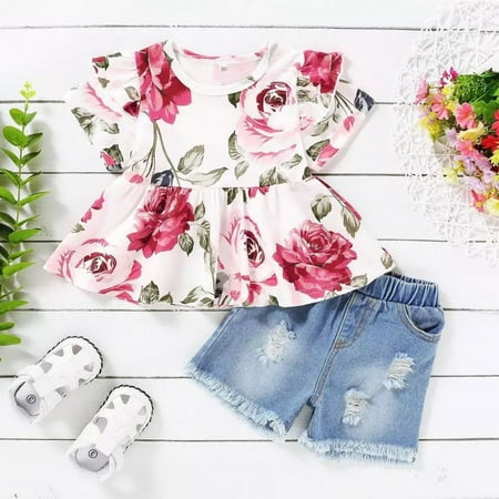 Toddler Baby Girls Denim Outfits Short Fly Sleeve Ruffle Floral Top & Jean Shorts Set Kids Summer Clothes
Toddler Baby Girls Denim Outfits Short Fly Sleeve Ruffle Floral Top & Jean Shorts Set Kids Summer Clothes