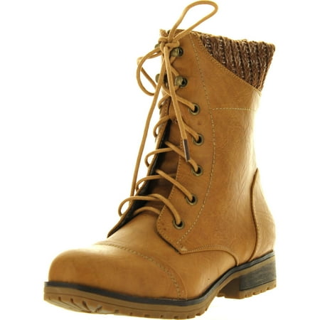 Refresh Womens Wynne-06 Combat Flat Style Lace Up Back Zipper Mid-Calf Bootie