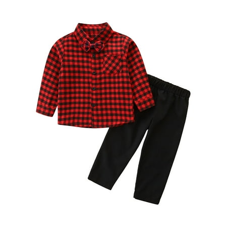 AmShibel 2PCS Toddler Baby Boys Christmas Outfits Long Sleeve Red Plaid Bowtie Button Blouse Top Long Pant