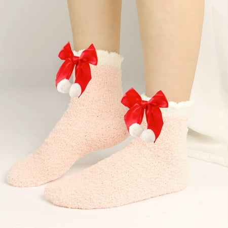 6 pair Women Socks Bowknot Pure Color Socks Over Festival Christmas Color Random