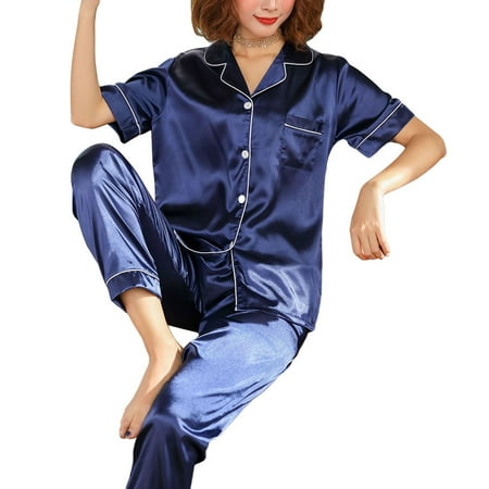 Emmababy Women Summer Satin Pajamas Set Short Sleeve Lapel Single-breasted Tops+Trousers
Emmababy Women Summer Satin Pajamas Set Short Sleeve Lapel Single-breasted Tops+Trousers