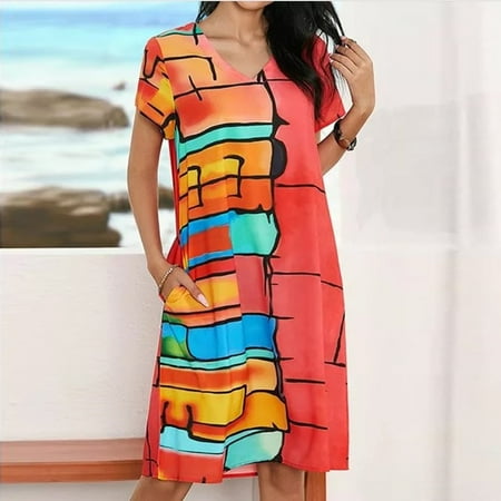 Summer Dresses for Women 2022 Women s Fashion Vintage Prinred Short Sleeve V-Neck Colorful Dress With Pocket Skirt for Women Plus 
Summer Dresses for Women 2022 Women s Fashion Vintage Prinred Short Sleeve V-Neck Colorful Dress With Pocket Skirt for Women Plus