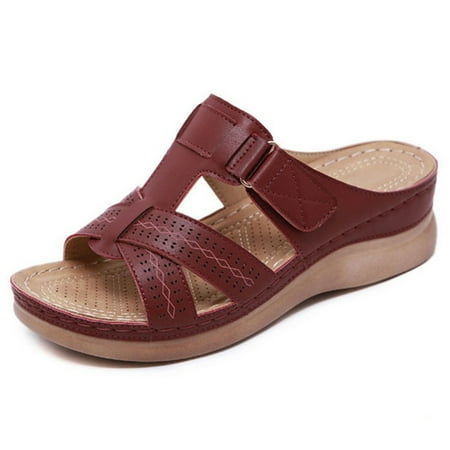 Ladies Orthopedic Shoes Open Toe Sandals Ladies Platform Slippers Summer Beach Rubber Soft Sole 37 Wine Red