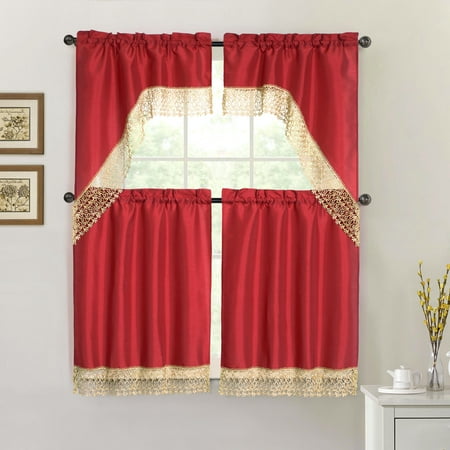 Red 4 Piece Kitchen Window Curtain Set Gold Macrame Border 2 Swag And Tier Panels