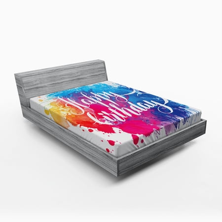 Birthday Fitted Sheet Watercolor Splash Painting Artwork with Birthday Message Hand Written Art Print, Soft Decorative Fabric Bedding, Multicolor, by Ambesonne