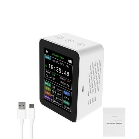 Tickas WiFi Intelligent Air Quality Detector PM2.5 CO2 TVOC HCHO Humidity 6 In 1 Detector Time Date Week Display Mobilephone APP Remotes Viewing 2 Sets Alarm Home Indoor Desktop Air Quality Moni
Tickas WiFi Intelligent Air Quality Detector PM2.5 CO2 TVOC HCHO Humidity 6 In 1 Detector Time Date Week Display Mobilephone APP Remotes Viewing 2 Sets Alarm Home Indoor Desktop Air Quality Moni