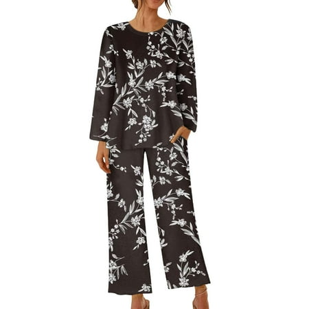 

qolati Womens 2 Piece Pajama Sets Floral Print Long Sleeve Tops with Wide Legs Pants Sleepwear Matching Outfits Comfortable Soft Loungewear Pjs Suits