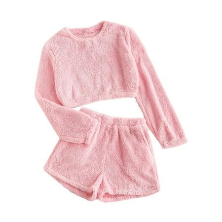 Womens Long Warm Fleece Pajamas Suit Shorts Set Winter Thermal Sleepwear 2pcs