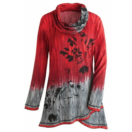 Women's Tunic Top - Red and Gray Sky Cowl Neck Long Sleeve Blouse
