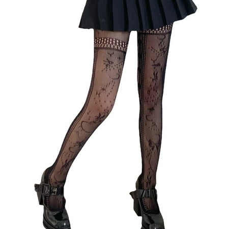 Women Lolita Gothic Asymmetrical Fishnet Pantyhose Bunny Bowknot Pattern Tights