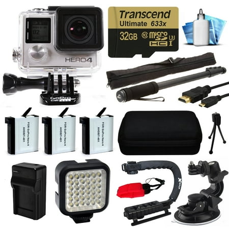 GoPro Hero 4 HERO4 Black Edition 4K Action Camera Camcorder with 32GB MicroSD Card, 3x Battery with Charger, Opteka X-Grip, LED Light, Car Mount, HDMI Cable, Selfie Stick, Case, Cleaning Kit