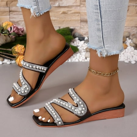 YOUSNH Ladies Solid Colour Pearl Rhinestone Transparent Strap Heel Slope Heel Square Toe Large Size Sandal Slippers Summer Sandals Black 7.5(39)
YOUSNH Ladies Solid Colour Pearl Rhinestone Transparent Strap Heel Slope Heel Square Toe Large Size Sandal Slippers Summer Sandals Black 7.5(39)