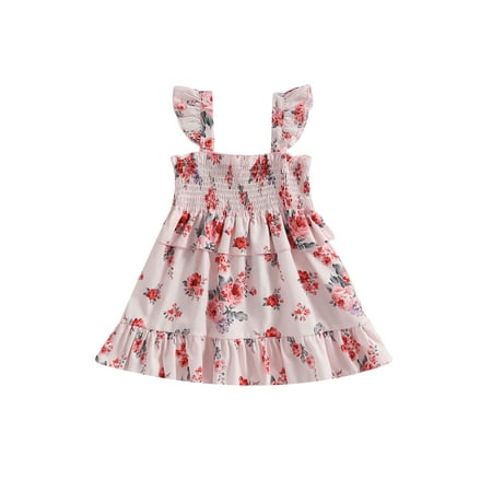 Toddler Baby Girl Dress Sling Layered Ruffle Floral Print Summer Beach A-line Boho Skirt Princess Sundress
