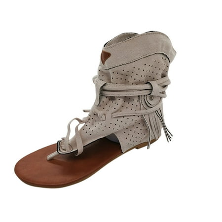 Tangnade Casual Shoes Summer Retro Casual Fashion Flat Bottom Tassel Hollow Toe womens Sandals