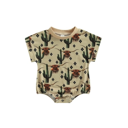 

Toddler Baby Boys Girls Round Neck Jumpsuit Cow Head Cactus Print Short Sleeve Romper Summer Clothing