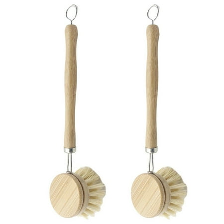 2X Wooden Handle Bamboo Bowl Brush Long Handle Dish Washer Pot Plate Sisal Pot Brush Kitchen Cleaning Tool