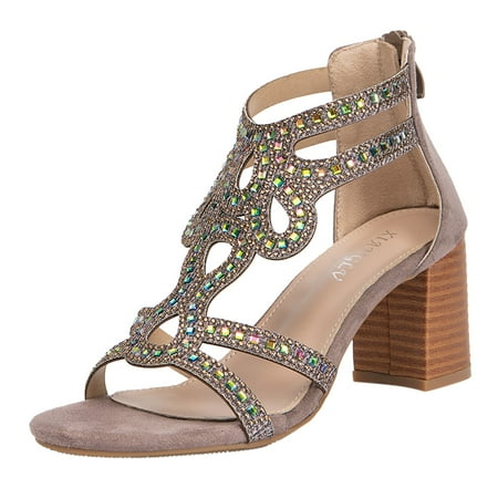 

SEMIMAY Summer Sandals For Women Shiny Rhinestone Bohemian Sandals Women Casual Back Zipper Heels Sandals