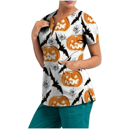 Cakiesky Womens Plus Scrubs Cartoon Pattern V-Neck Christmas Scrub Top Blue S