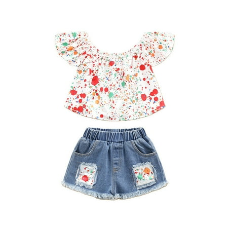 Toddler Girls Outfit Suit Girls Colorful Printed One Shoulder Tops Blue Denim Shorts 2Pcs Set Outfits
Toddler Girls Outfit Suit Girls Colorful Printed One Shoulder Tops Blue Denim Shorts 2Pcs Set Outfits