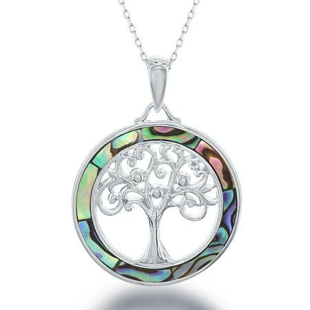 Beaux Bijoux Sterling Silver Tree of Life Created Abalone Circle Pendant with 18 Chain
