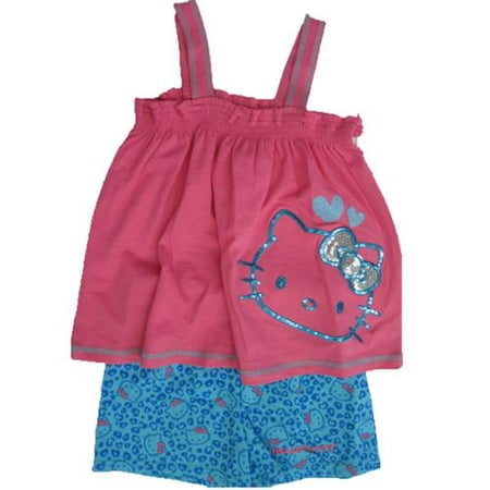 Hello Kitty Little Girls Fuchsia Blue Sparkle Applique 2 Pc Shorts Set 4-6X