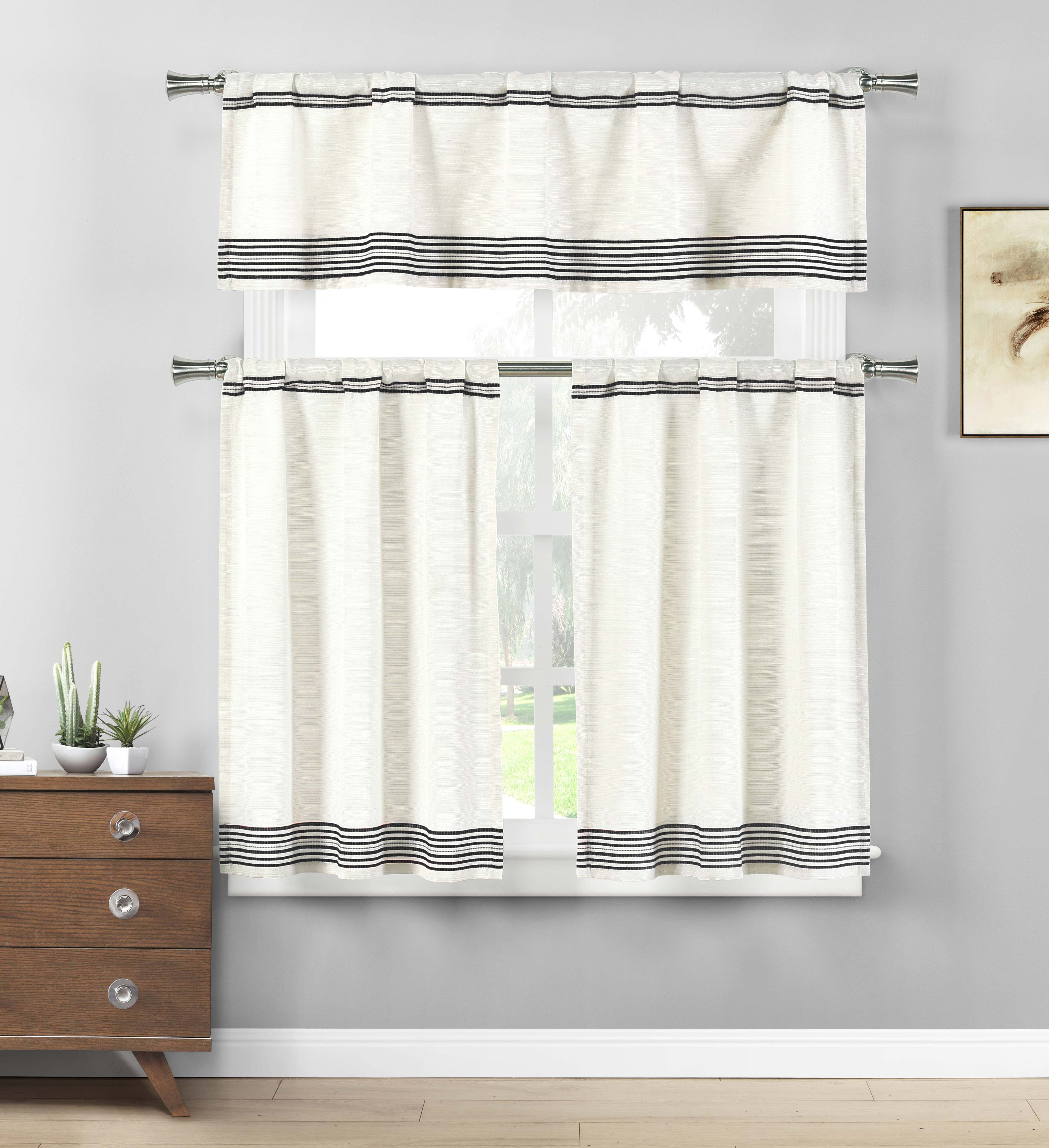 Three Piece Cotton Rich Kitchen Cafe Tier Window Curtain Set Off White With Stripe Pattern Black