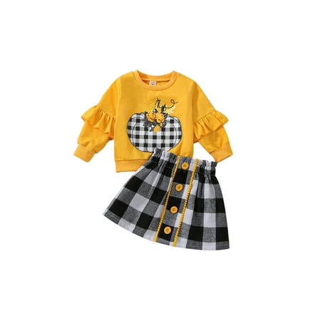 AMILIEe Kid Girl Halloween Clothes Pumpkin Flower Print Long Sleeve Round Neck Ruffled Pullover + Button Plaid A-Line Skirt 2Pcs Set
AMILIEe Kid Girl Halloween Clothes Pumpkin Flower Print Long Sleeve Round Neck Ruffled Pullover + Button Plaid A-Line Skirt 2Pcs Set