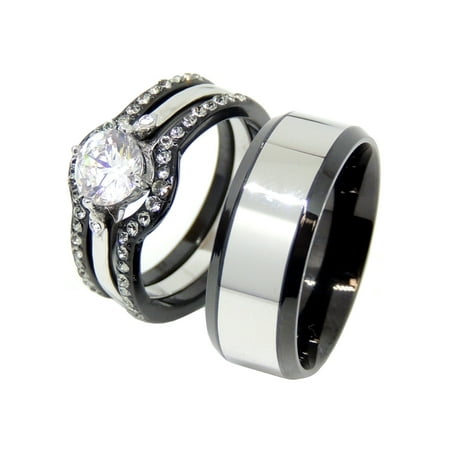 His Hers Black Stainless Steel Round CZ Wedding Ring Set Mens Two Tone Band-SIZE W10M11